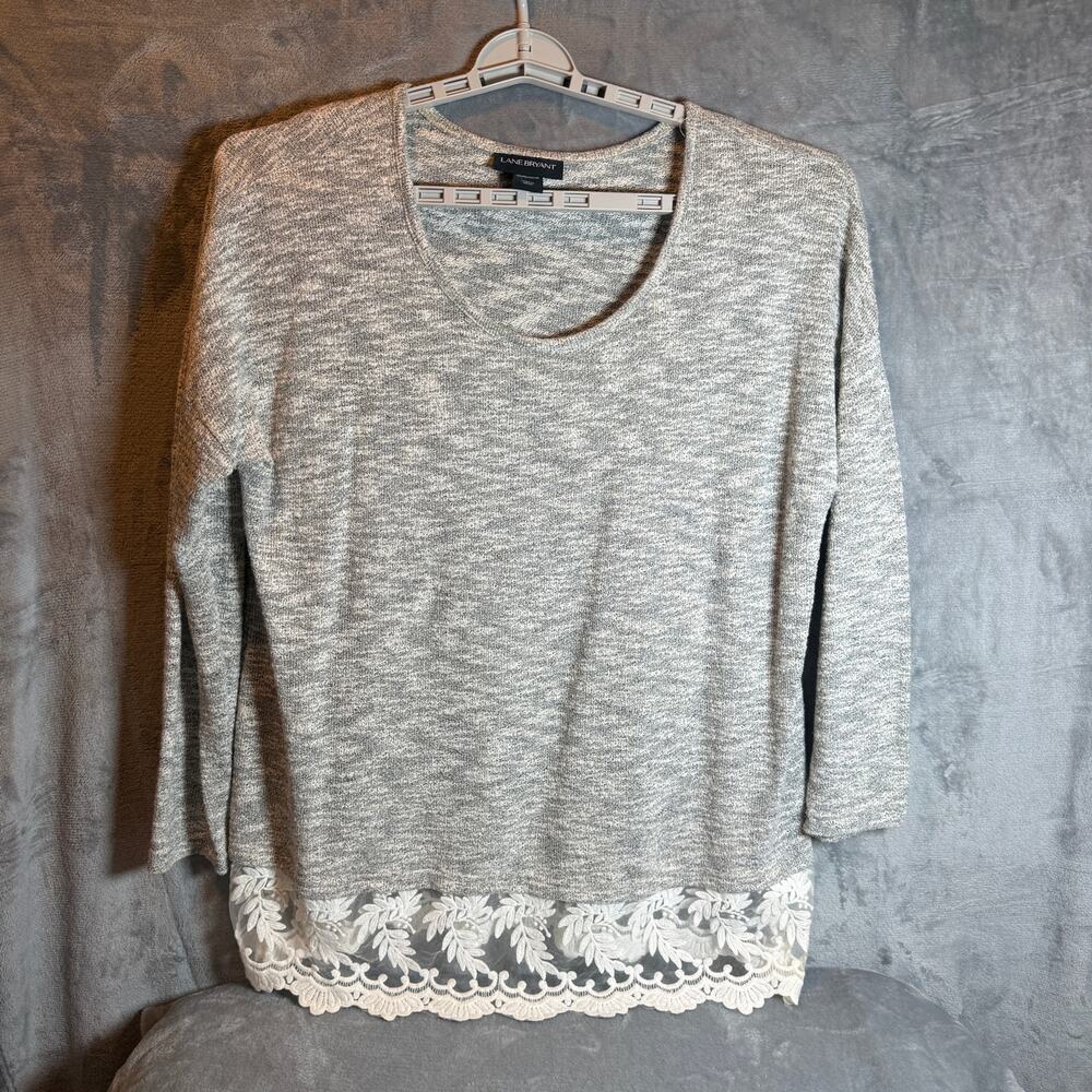 Lane Bryant 18/20 Gray Marled Knit Top White Lace Hem 3/4 Sleeve Plus